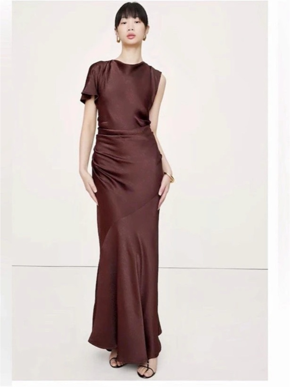 Banana Republic Asymmetrical Hammered Satin Draped Maxi Dress Brown Small